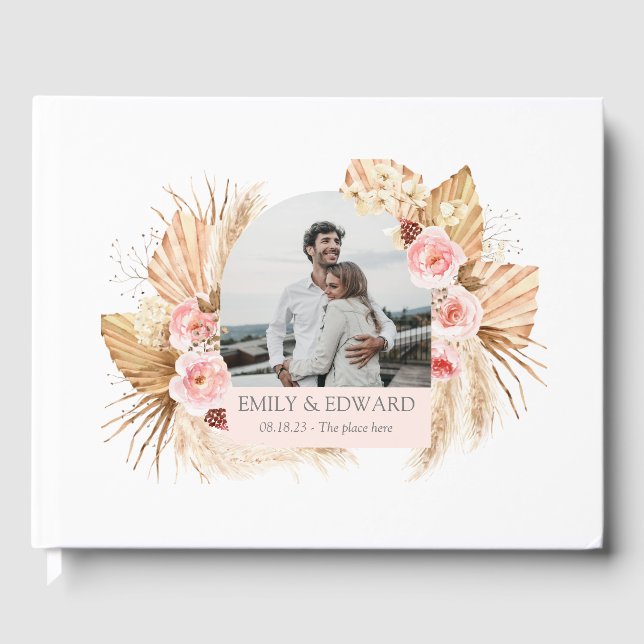 Elegant Boho Floral Pampas Grass photo guest book (Front)