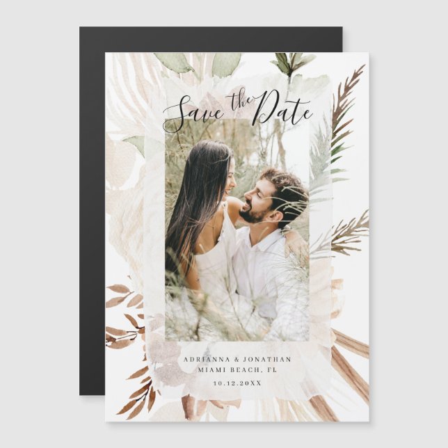 Elegant Boho Floral Pampas Photo Save The Date Magnetic Invitation (Front/Back)
