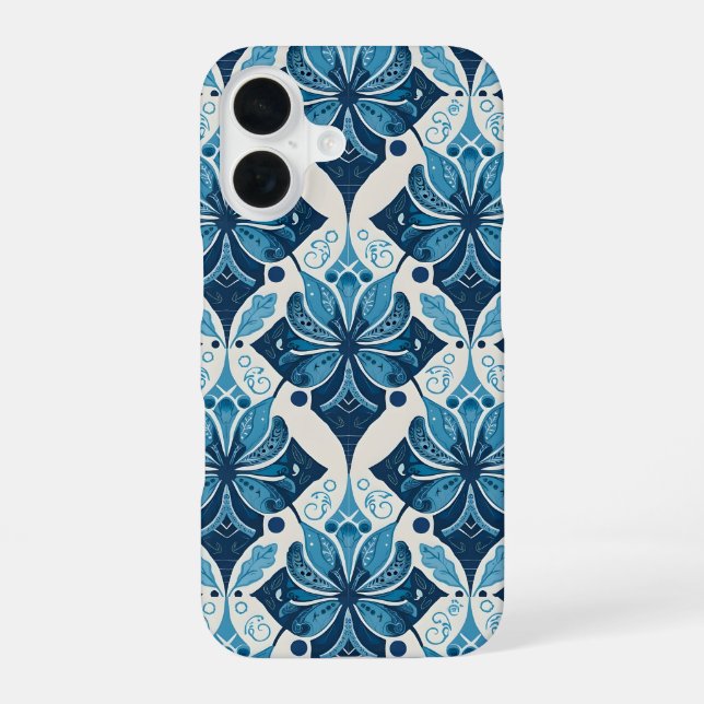 Elegant Boho Floral Pattern in Blue iPhone 16 Case (Back)