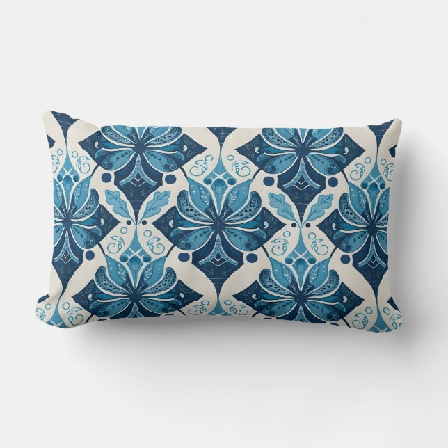 Elegant Boho Floral Pattern in Blue Lumbar Cushion (Front)