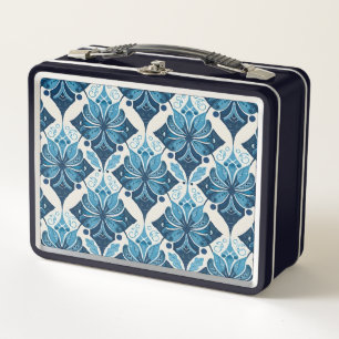 Elegant Boho Floral Pattern in Blue Metal Lunch Box
