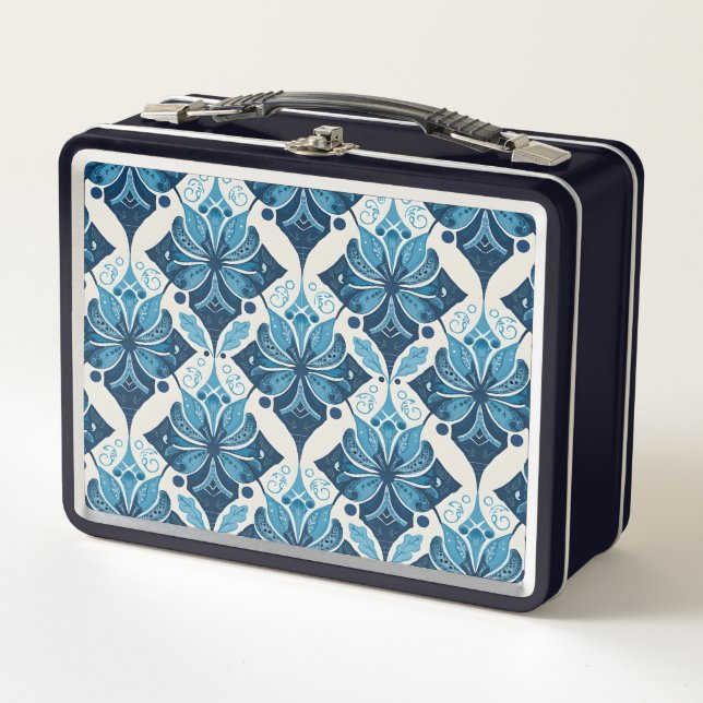 Elegant Boho Floral Pattern in Blue Metal Lunch Box (Front)