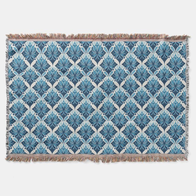Elegant Boho Floral Pattern in Blue Throw Blanket (Front)
