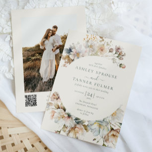 Elegant Boho Floral QR Code Photo Wedding Invitation