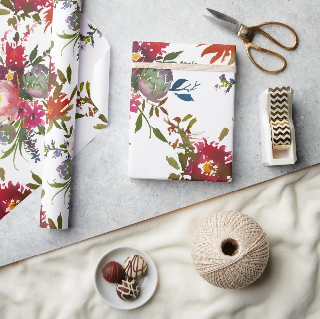 Elegant Boho Floral Red Botanical Wedding Gift Wrapping Paper (Crafts)