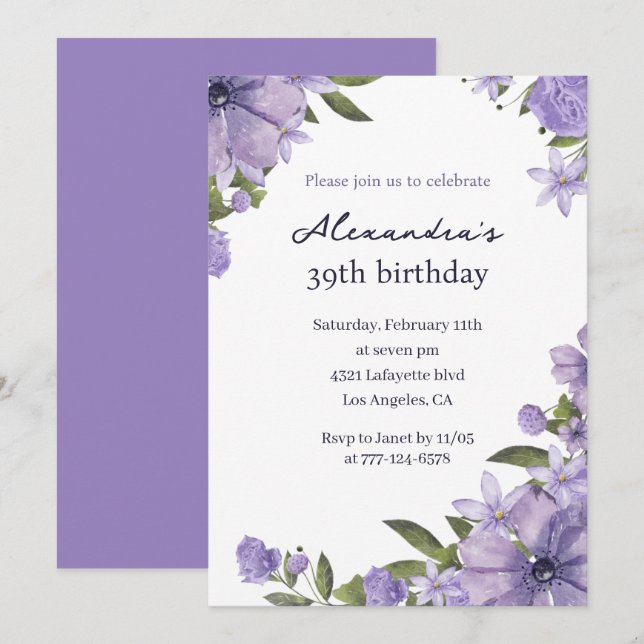 Elegant Boho Floral Watercolor 39th birthday Invitation (Front/Back)