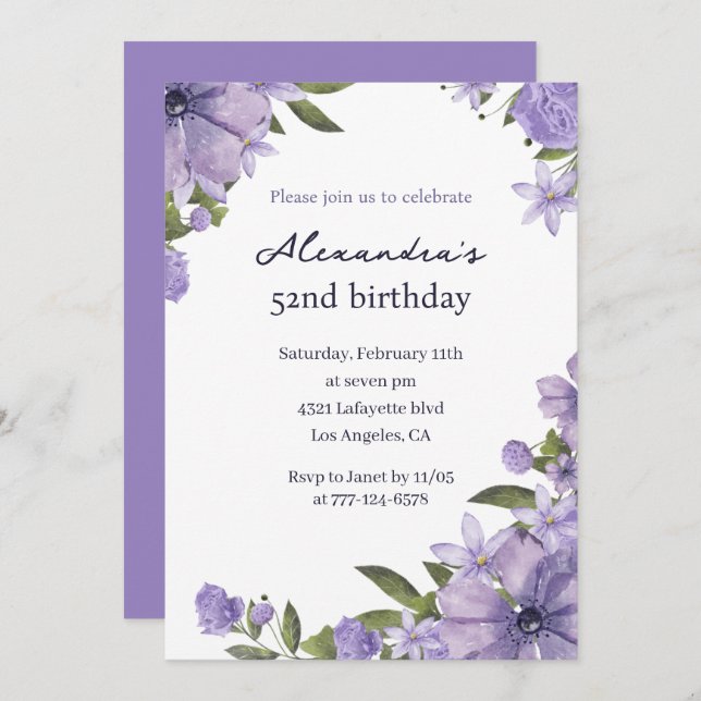 Elegant Boho Floral Watercolor 52nd birthday Invitation (Front/Back)