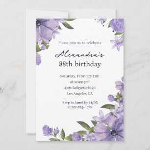 Elegant Boho Floral Watercolor 88th birthday Invitation