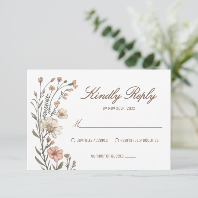 Elegant Boho Floral Wedding RSVP Card (Standing Front)