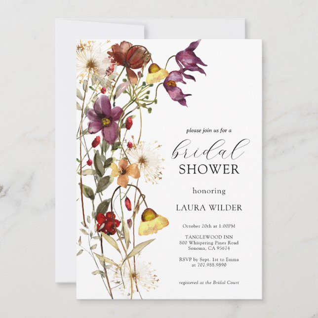 Elegant Boho Floral Wildflowers Bridal Shower Invitation (Front)