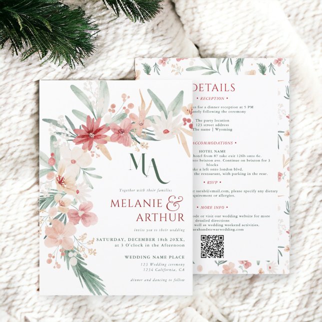 Elegant Boho Floral Winter Wedding QR code Invitation (Elegant Boho Floral Winter Wedding QR code Invitation)