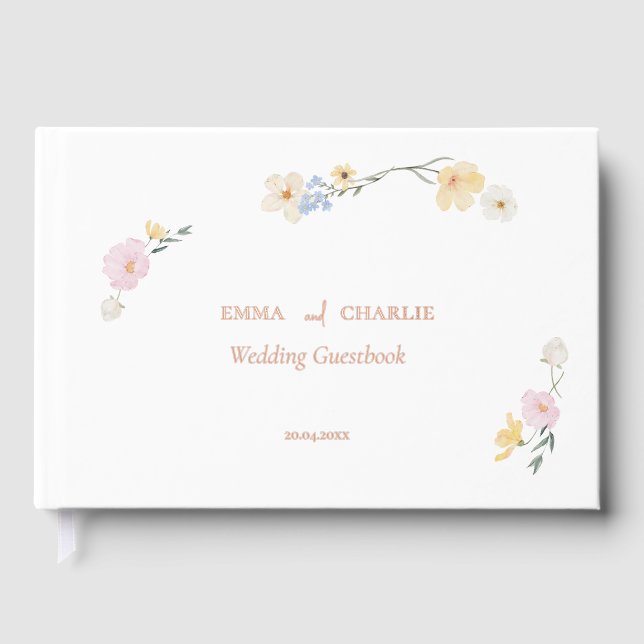 Elegant boho flowers Calligraphy Wedding  Guest Book (Front)