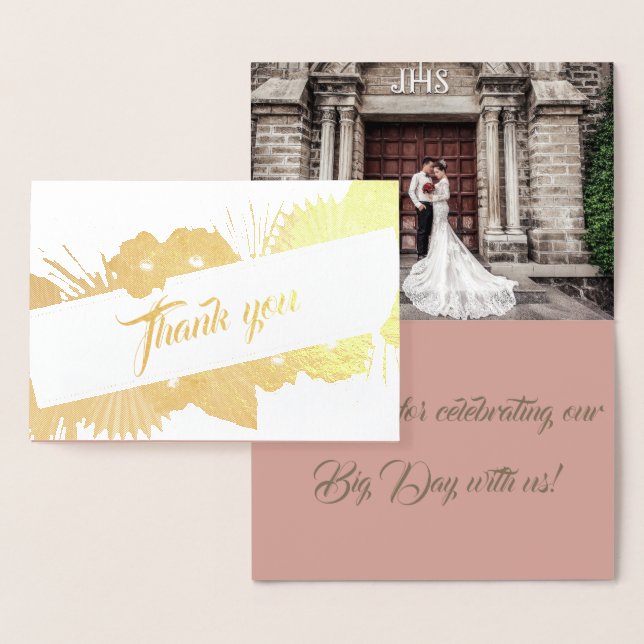 Elegant Boho Gold Floral Photo Wedding Thank You Foil Card (Display)