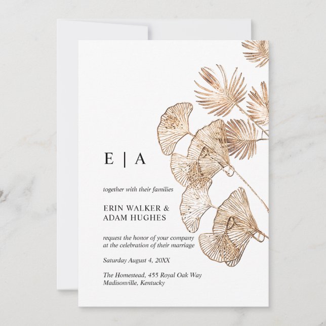 Elegant Boho Gold Ginko & Palm Minimalist Wedding Invitation (Front)