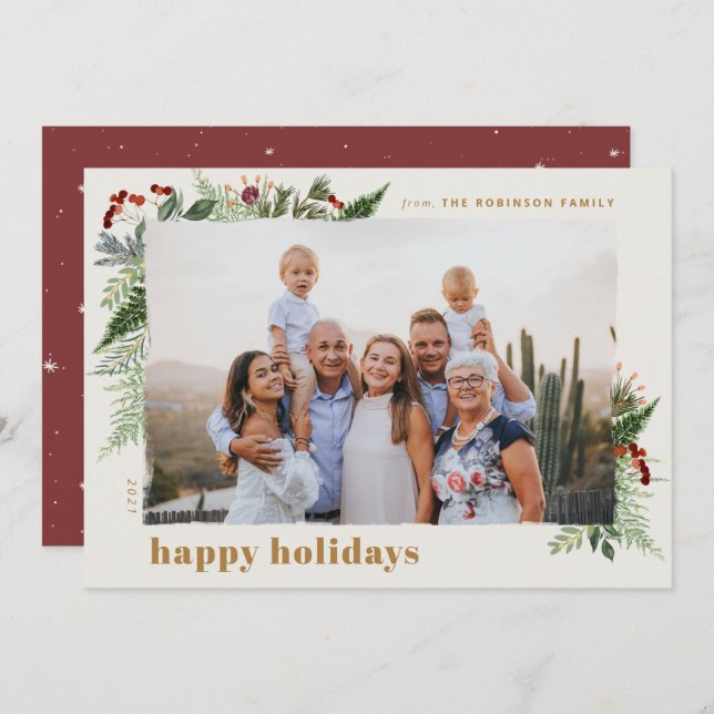 Elegant Boho Greenery Burgundy Gold Photo Holiday Card (Front/Back)