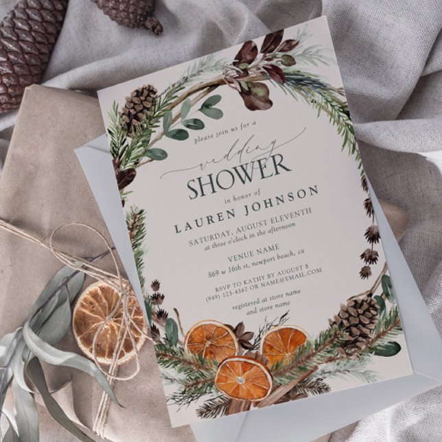 Elegant Boho Greenery Citrus Fall Wedding Shower Invitation (Set the tone for an amazing winter bridal shower with this boho citrus design easily personalized)