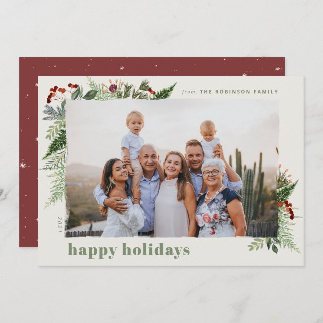 Elegant Boho Greenery Dry Brush Effect Photo Holiday Card (Front/Back)