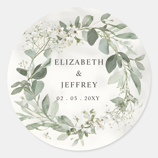 Elegant Boho Greenery Eucalyptus Wedding Classic Round Sticker (Front)