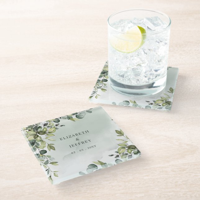 Elegant Boho Greenery Eucalyptus Wedding Glass Coaster (Angled)
