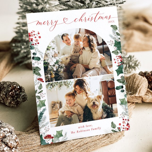 Elegant Boho Greenery Multi Photo Christmas Card   (Creator Uploaded)