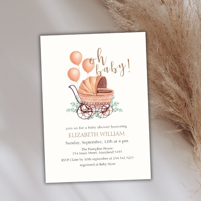 Elegant Boho Greenery Stroller Balloon Baby Shower Invitation (Elegant Boho Greenery Stroller Balloon Baby Shower Invitation)