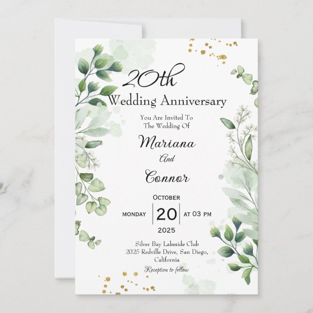 Elegant Boho Greenery Wedding Anniversary  Invitation (Front)