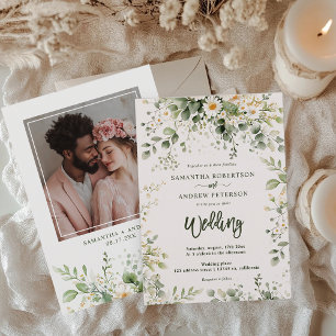 Elegant Boho Greenery Wildflower Photo Wedding  Invitation