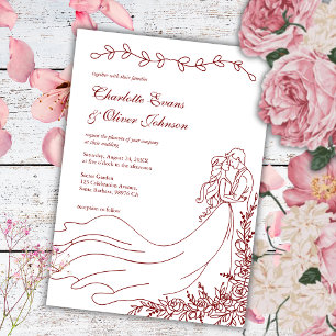 Elegant Boho Hand Drawn Couple Burgundy Wedding Invitation