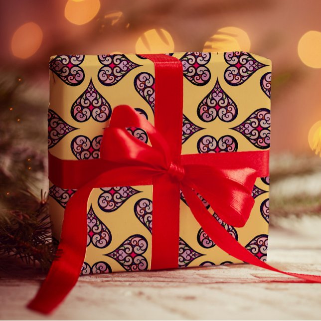 Elegant Boho Heart Pattern Decorative Yellow Craft Wrapping Paper (Creator Uploaded)