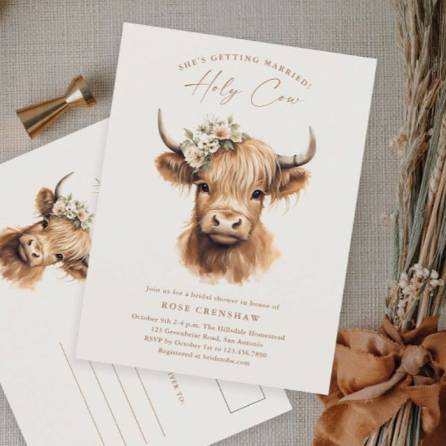 Elegant Boho Highland Cow Bridal Shower Postcard (Boho highland cow bridal shower invitaiton postcard.)