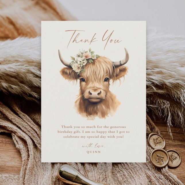 Elegant Boho Highland Cow Kids Birthday Thank You Card (Boho highland cow script kids thank you card.)