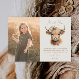 Elegant Boho Highland Cow Kids Photo Birthday Thank You Card