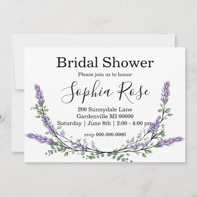 Elegant boho Lavender Eucalyptus Bridal shower Invitation (Front)