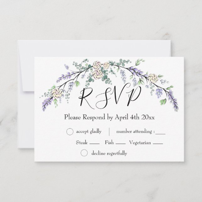 Elegant boho Lavender white Rose and Eucalyptus RSVP Card (Front)