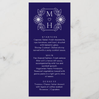 Elegant Boho Leaf Monogram Blue and White Wedding Menu