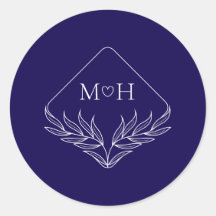 Elegant Boho Leaf Monogram Dark Blue Wedding