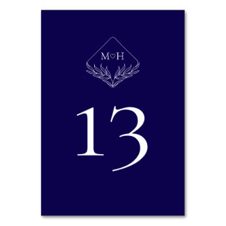 Elegant Boho Leaf Monogram Dark Blue Wedding Table Number