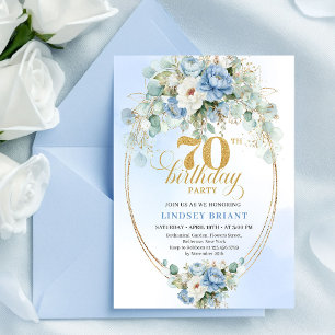 Elegant Boho Light Blue Flowers Gold 70th Birthday Invitation