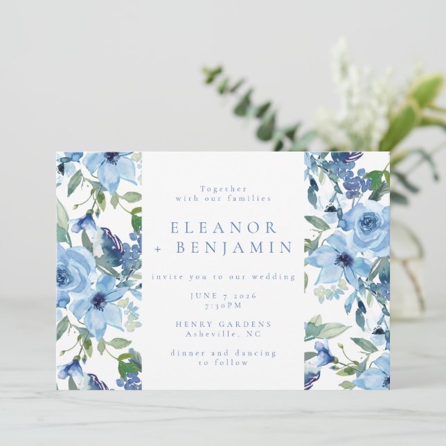 Elegant Boho Light Blue Watercolor Floral Wedding  Invitation (Standing Front)