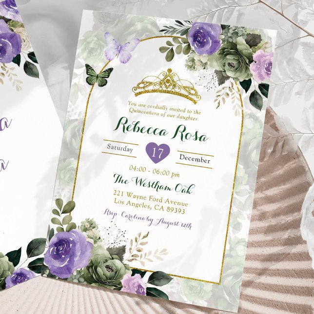 Elegant Boho Lilac Purple Sage Green Quinceañera Invitation (Creator Uploaded)