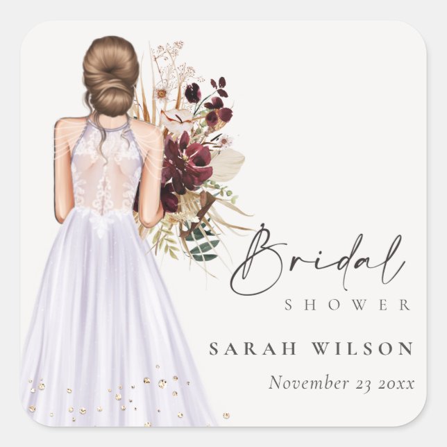 Elegant Boho Lilac Wedding Gown Bridal Shower Square Sticker (Front)