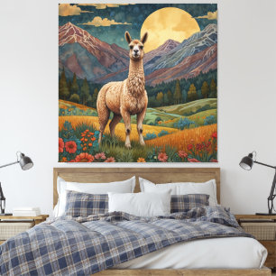Elegant boho llama alpaca vintage landscape canvas print