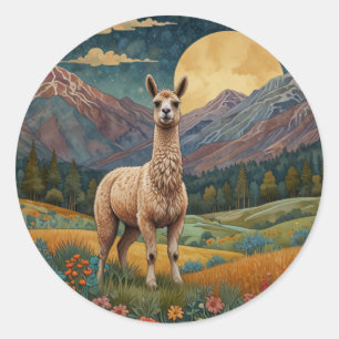 Elegant boho llama alpaca vintage landscape  classic round sticker