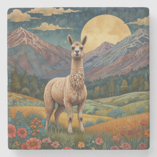 Elegant boho llama alpaca vintage landscape stone coaster