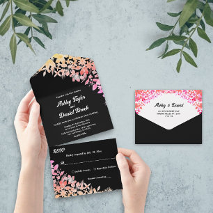 Elegant Boho Luminous Roses Black Floral Wedding All In One Invitation