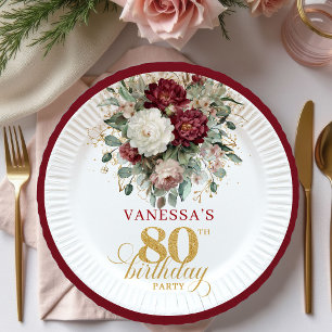 Elegant Boho Marsala Floral 80th Birthday Paper Plate