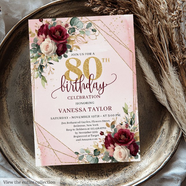 Elegant Boho Marsala Gold Flowers 80th Birthday  Invitation (Elegant Boho Marsala Gold Flowers 80th Birthday Invitation)