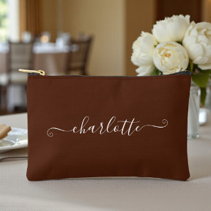 Elegant Boho Minimalist Bridesmaid Name Brown Accessory Pouch