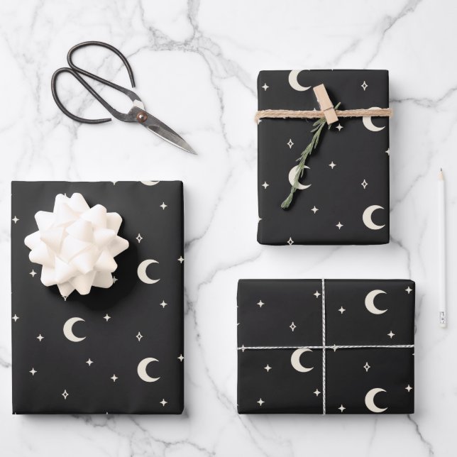 Elegant Boho Mystical Moon Stars Black and White Wrapping Paper Sheet (Front)