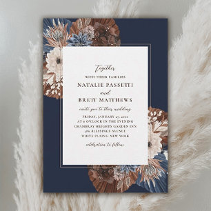 Elegant Boho Navy and Brown Florals Wedding Invitation